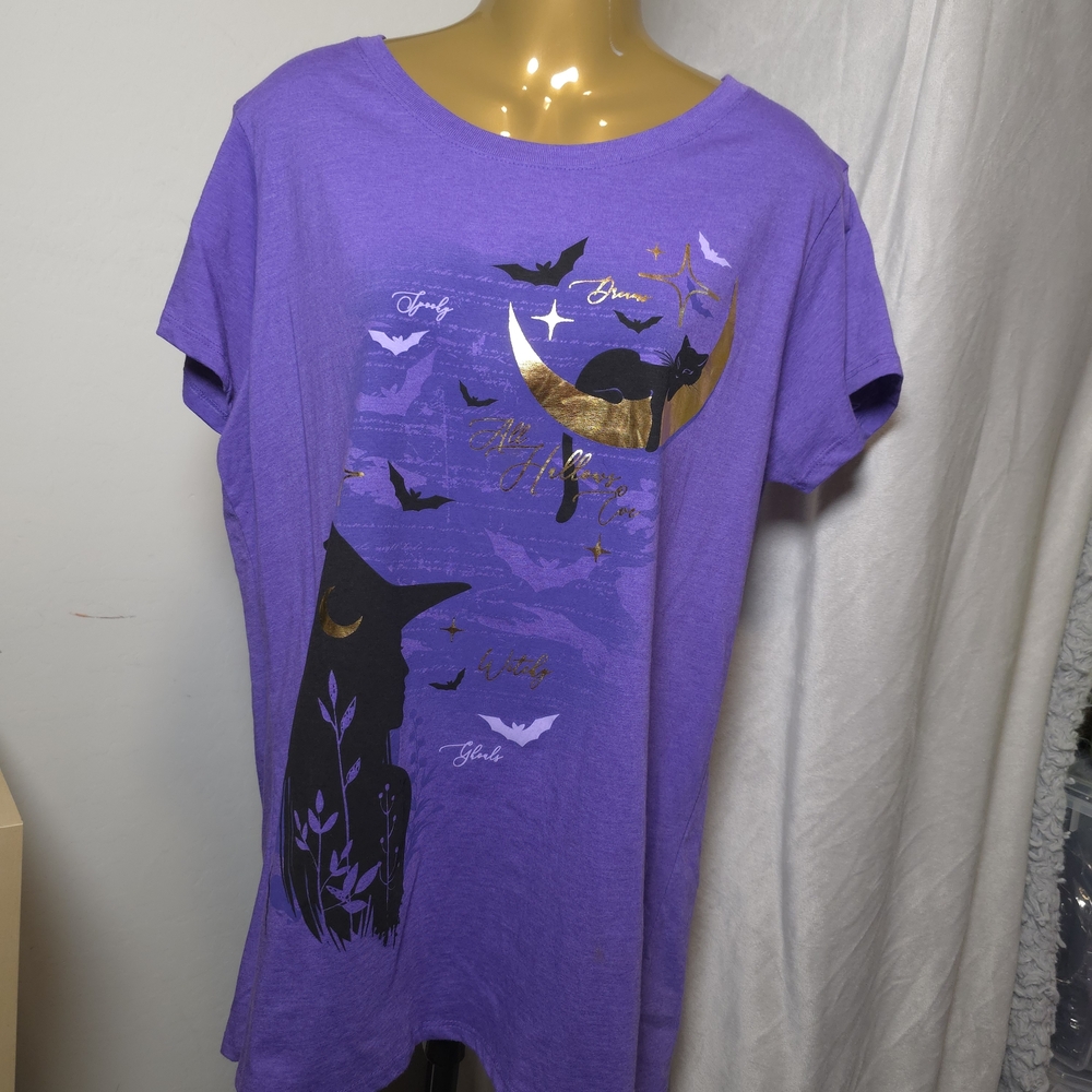 Witch TShirt Size 2x Moon Bat Cat Gold Foil Halloween All Hallows Eve Whimsigoth